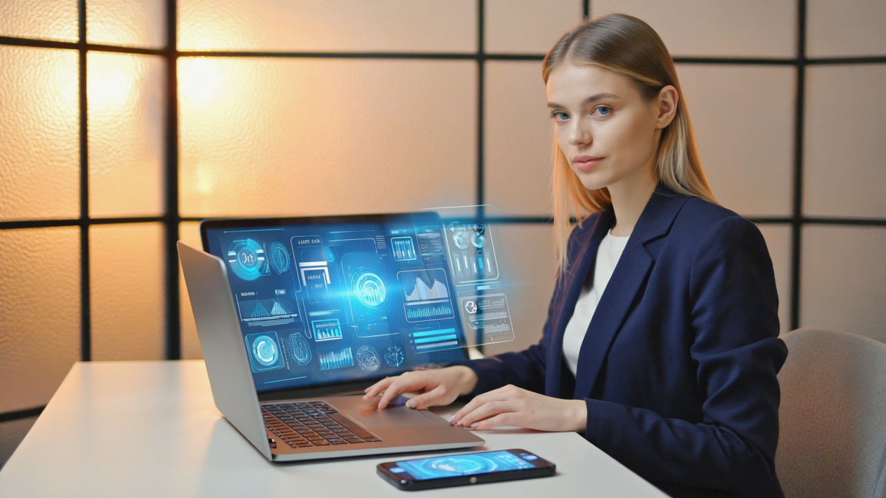 A laptop and smartphone showing social media analytics with security shield icons