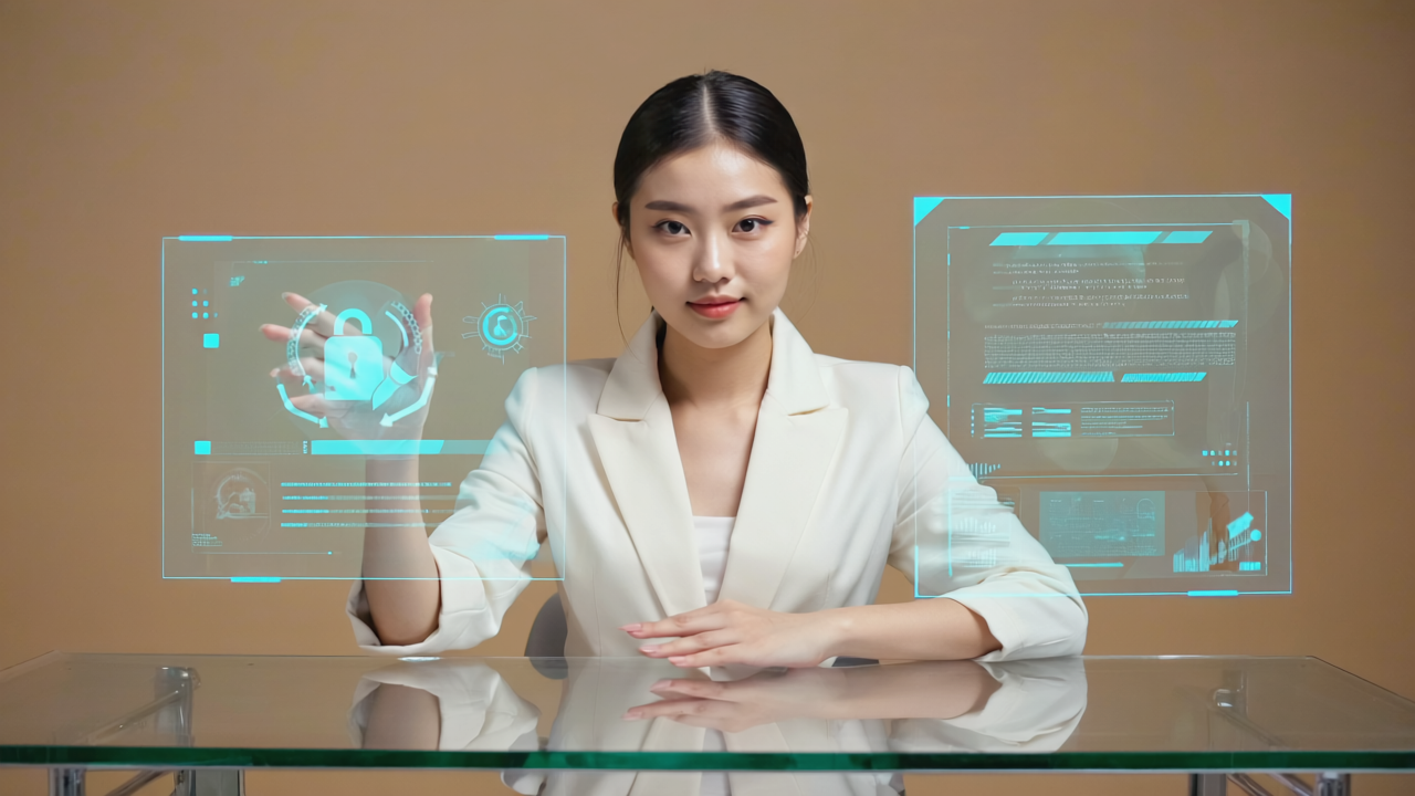 Futuristic AI influencer engaging with digital audience amidst lively Manchester environment
