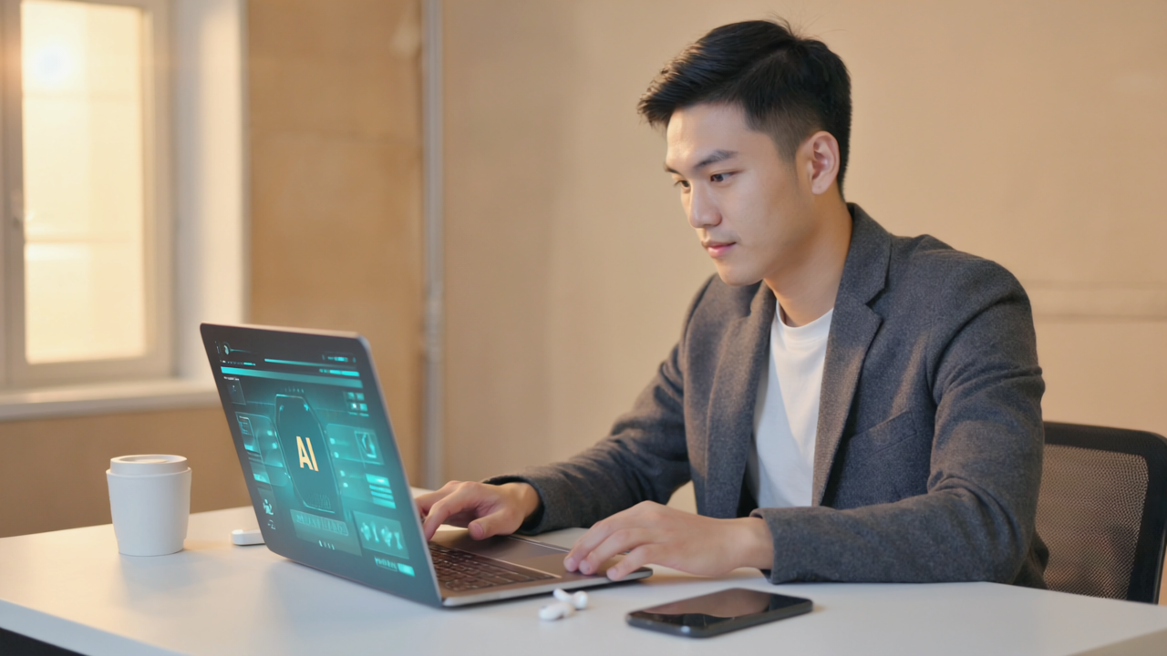 Manchester small business owner using AI automation on a laptop with city skyline in background