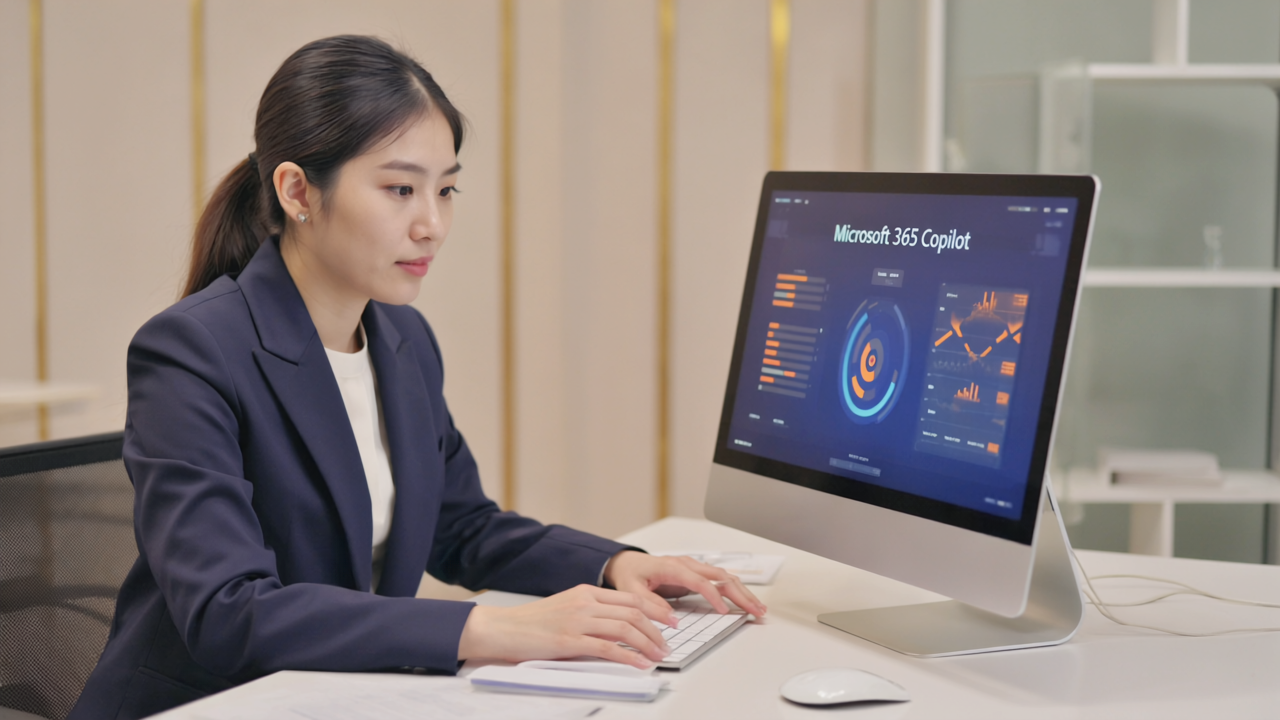 A digital workspace showcasing Microsoft 365 apps with AI integration features on screen