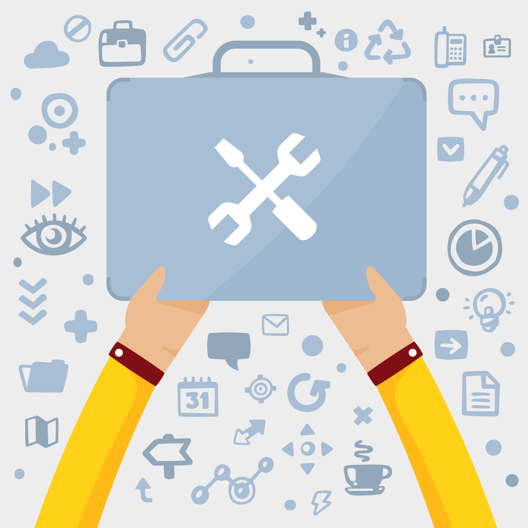 Bright vector illustration two male hands holding the designer’s Toolbox