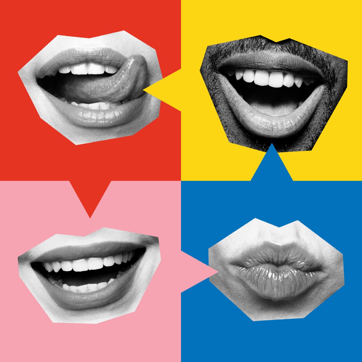 Various lips forming grid of speech bubbles illustrate diversity of voices, opinions, and conversations in digital media