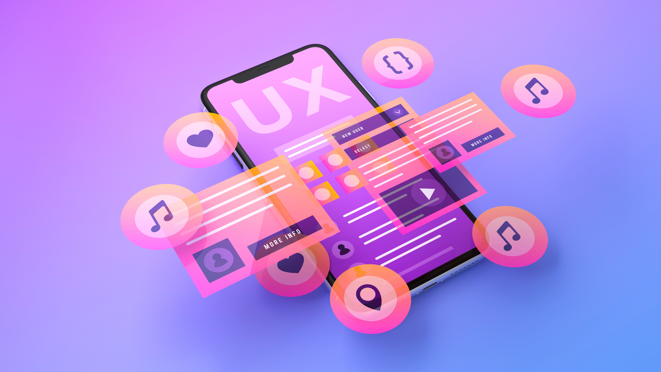 User Experience in Focus: Smartphone with UX Design Elements Floating Above the Screen. 3D Rendering. Bespoke Web Design Agency Manchester