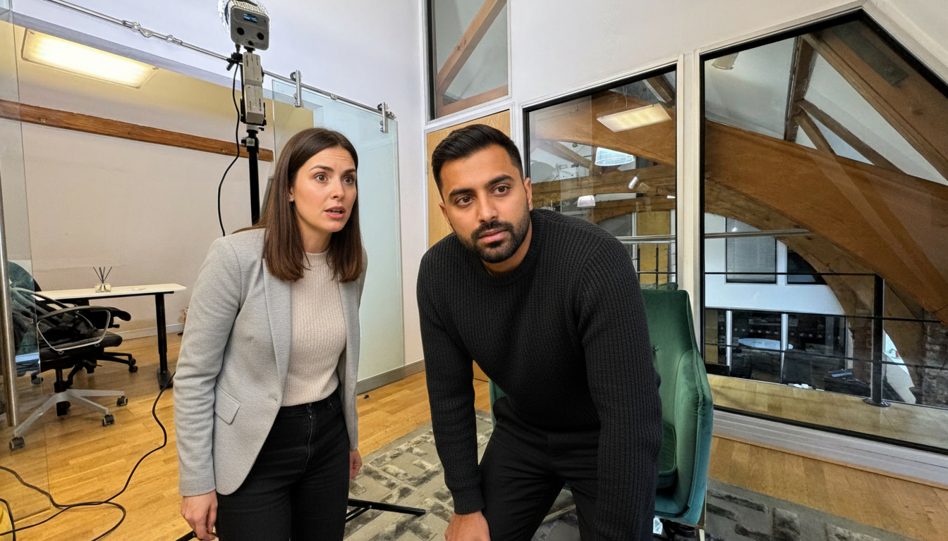 Jessica and Omar discussing IT challenges inside a UK office during an active work conversation.