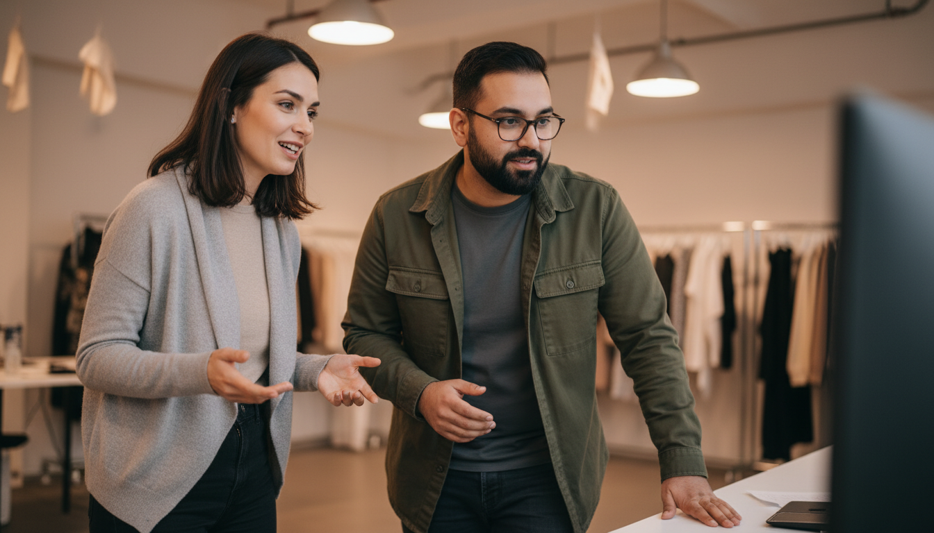 Two professionals discussing a TikTok Live setup inside a UK fashion content studio.