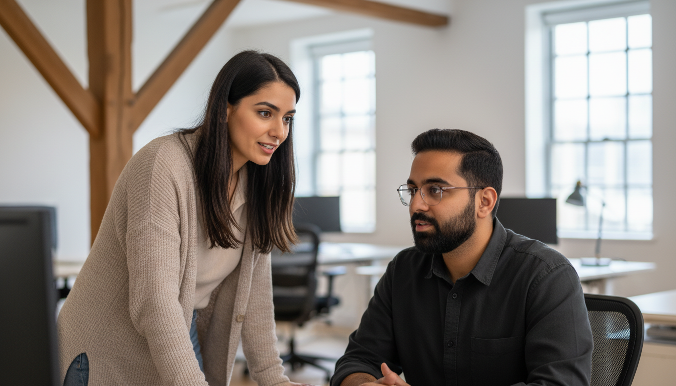 Sara and Omar discussing how AI customer service ensures every customer call is handled perfectly in a UK small business setting.