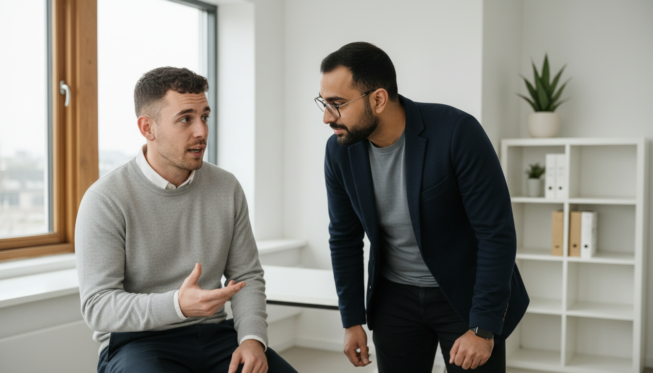 Adam and Omar discuss ecommerce customer support operations in a UK office setting, mid-conversation.