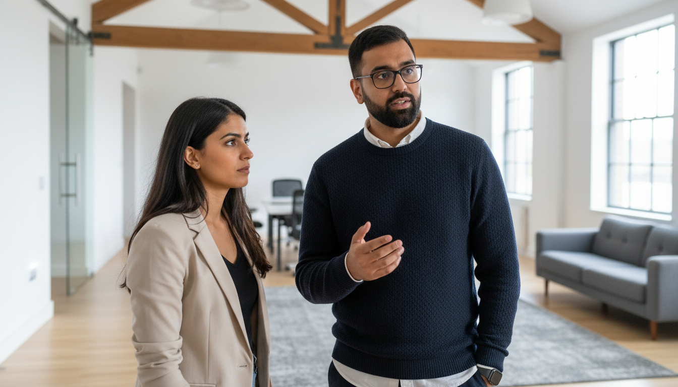 Two UK professionals discussing why an AI project failed and how to correct it, captured during a realistic business collaboration.