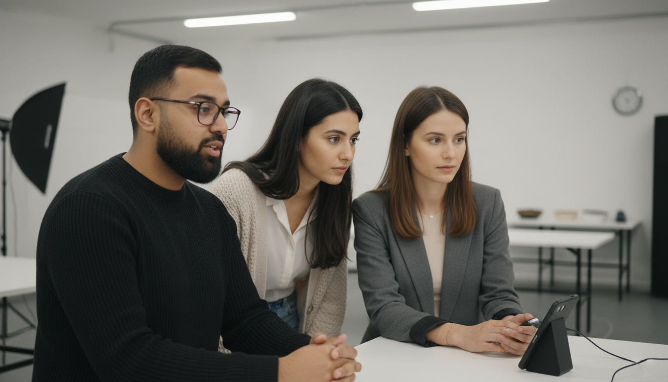 Three ecommerce professionals collaborate in a UK product photography studio, discussing AI-enhanced visuals for an online shop.
