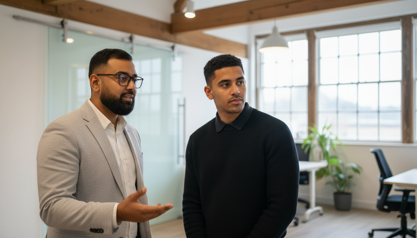 Omar and Zak collaborating in a UK branding workspace, discussing AI logo design quality during an active professional review.