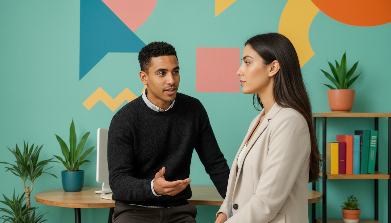 Zak and Sara collaborating on AI-driven advertising strategy inside a UK marketing workspace.