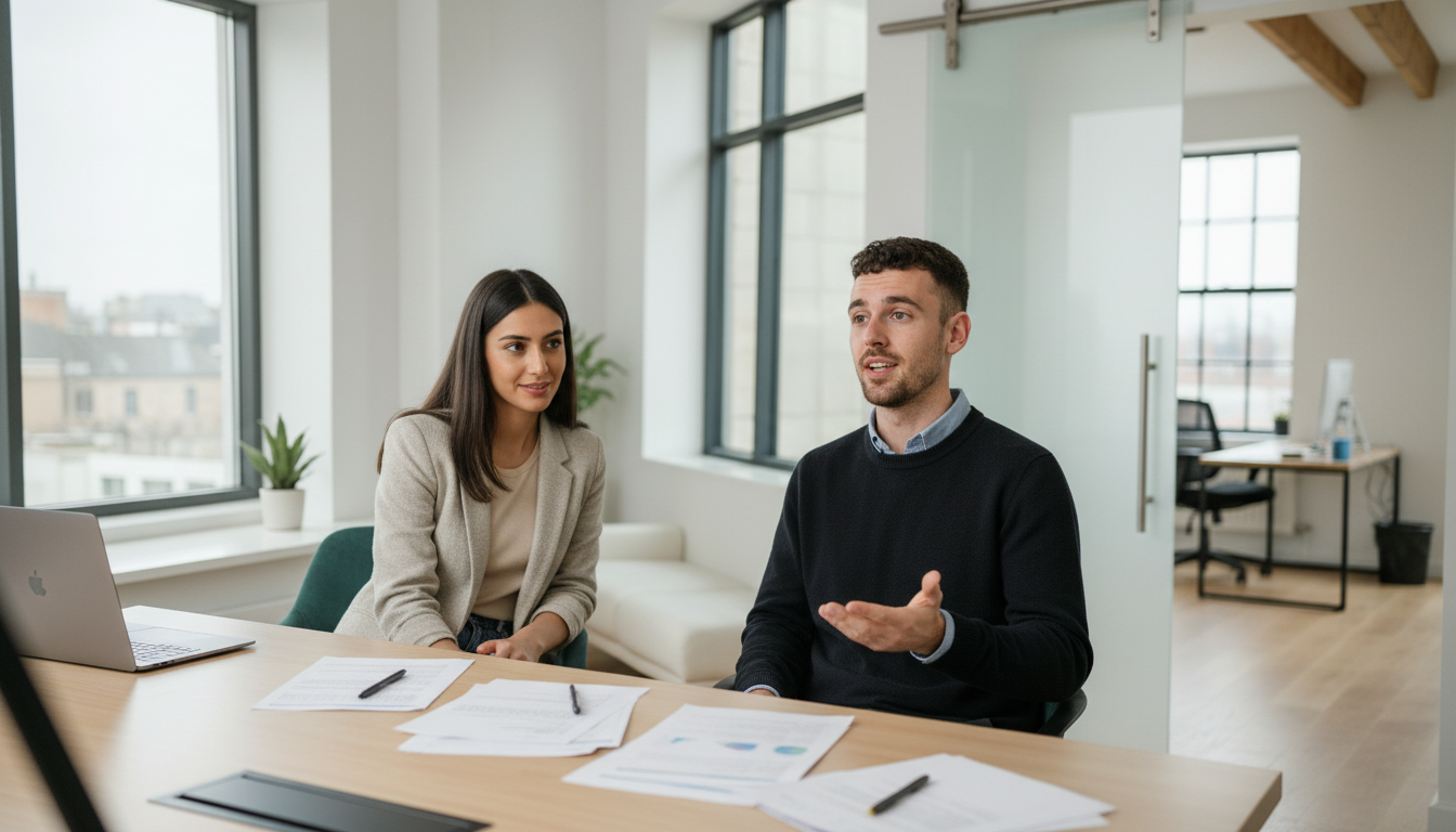 Adam and Sara discussing measurable AI ROI during a focused business review in a UK office setting.