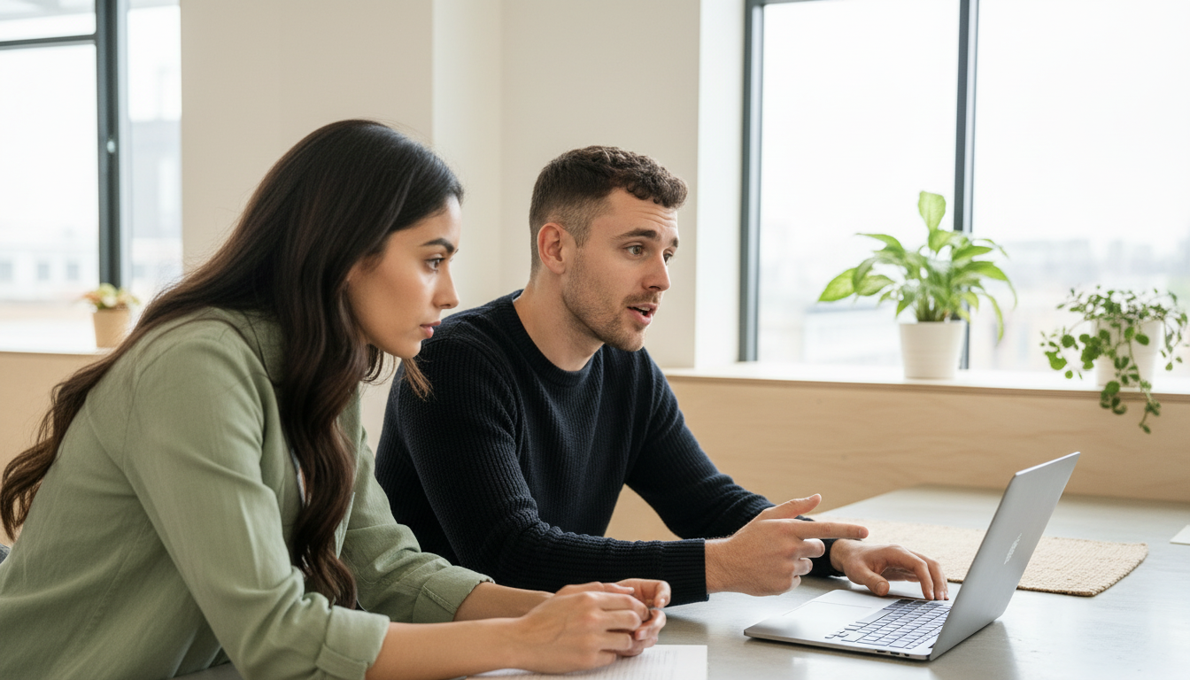 Three UK marketing professionals collaborating in a content creation studio, discussing AI-driven social media strategy during active work.