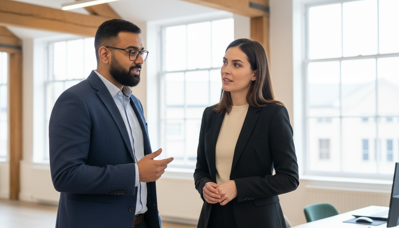 UK business professionals collaborating during a practical AI staff training discussion inside a real office setting.