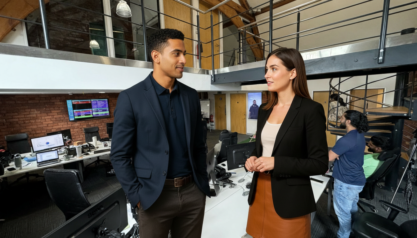 Two casually, professionally dressed colleagues in a modern UK office having an engaged, thoughtful conversation expressing subtle positive body language and attentiveness for a blog on AI and automation in web development UK trends.