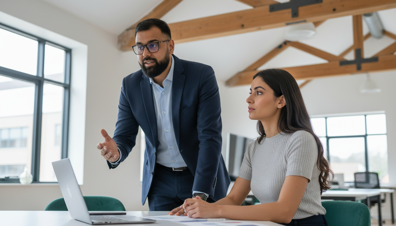 Two UK business professionals discussing practical uses of artificial intelligence during a real work conversation.