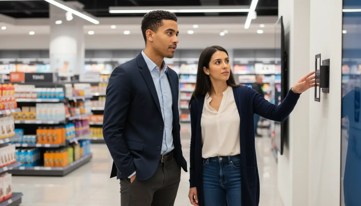 Zak and Sara discussing digital signage placement inside a UK retail shop.