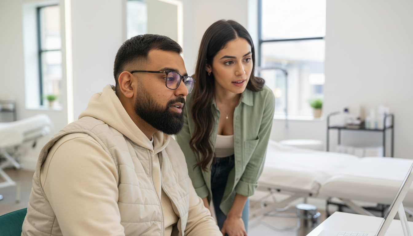 Two professionals discussing CRM workflows inside a UK beauty salon to reduce missed appointments.