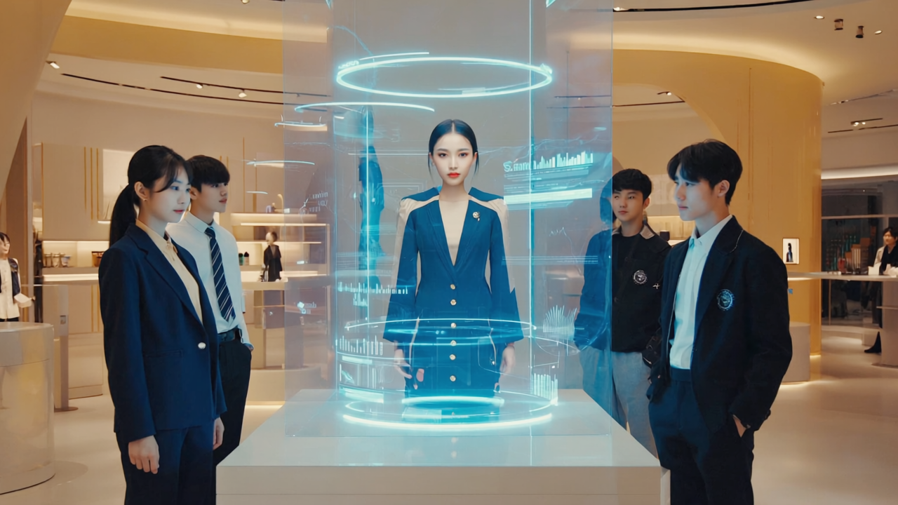 Modern Birmingham retail store showcasing young professionals interacting with an AI influencer avatar on a large screen displaying live social media engagement analytics, symbolizing AI influencer marketing in 2026.