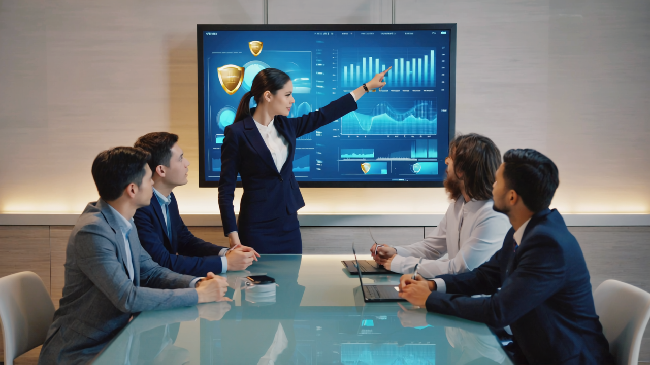 A digital marketing team in a sleek London office analyzing social media data and AI bot detection graphs on a large screen, emphasizing proactive bot combat strategies.