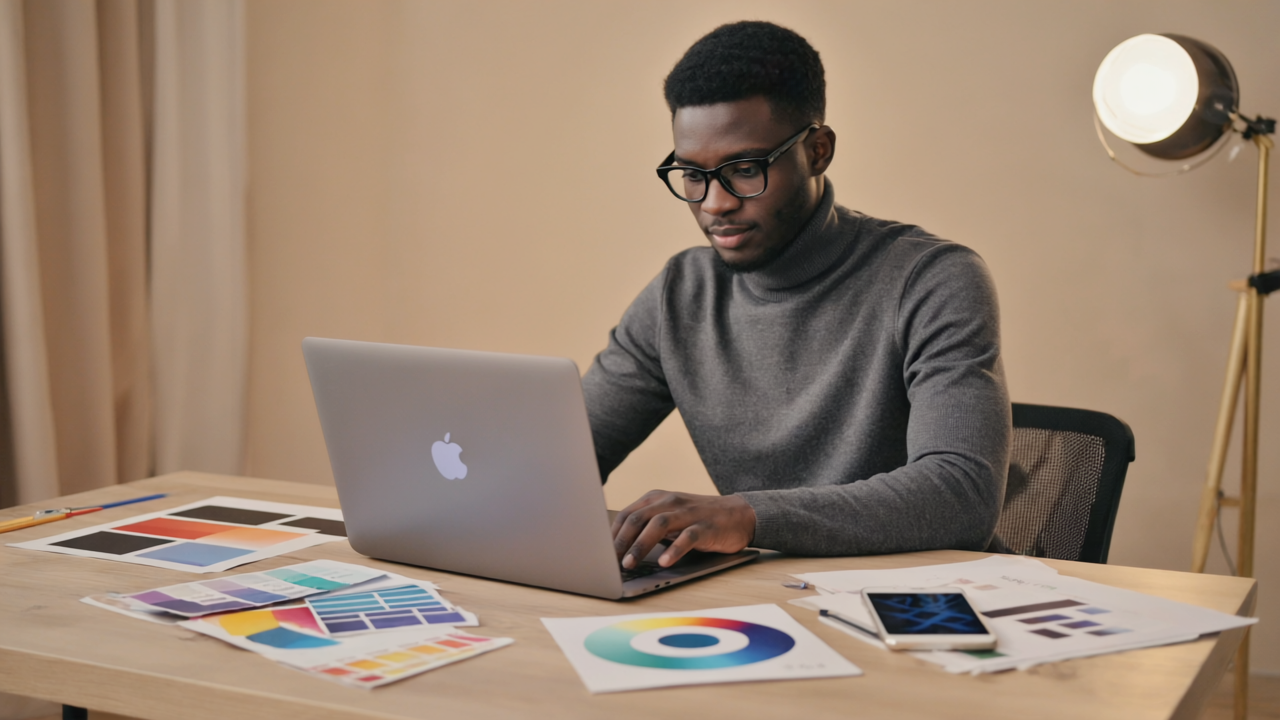 British graphic designer working at a desk with laptop and colourful design prints, surrounded by Pantone swatches and a smartphone showing a website, inside a softly lit studio with a beige and golden background.