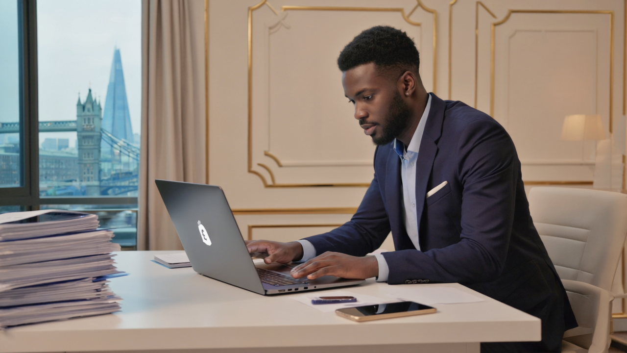 A focused business owner setting up a Shopify store on a laptop with London skyline visible through the office window, symbolizing building an ecommerce store for London in 2026.