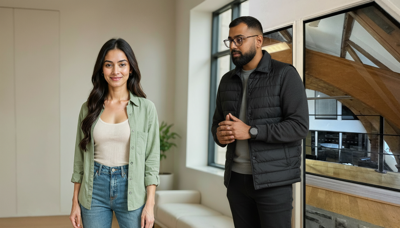 Sara and Omar collaborating on CRM strategy in a UK business setting, discussing how customer data becomes meaningful sales stories.