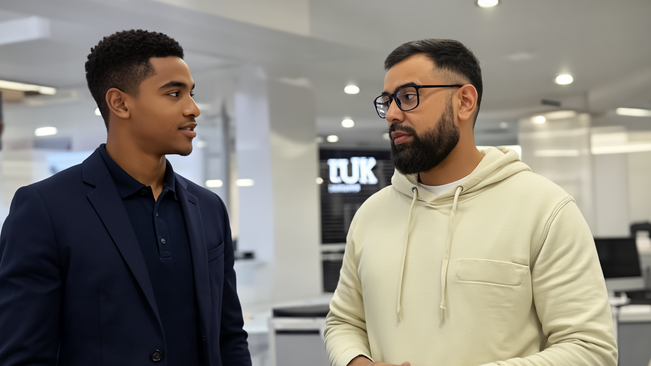 Two UK office professionals, Omar and Zak, discuss IT challenges attentively in a realistic workspace.