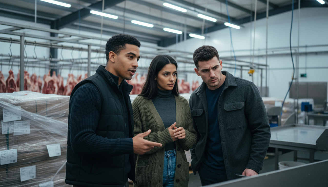 Meat wholesale team collaborating inside a UK warehouse to resolve duplicated order processes.