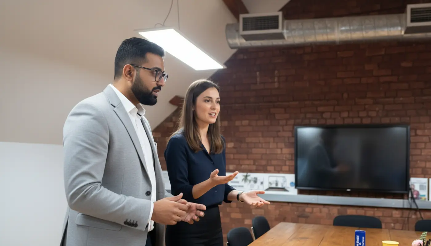 Omer and Jessica discussing AI-driven marketing insights inside a modern UK office.
