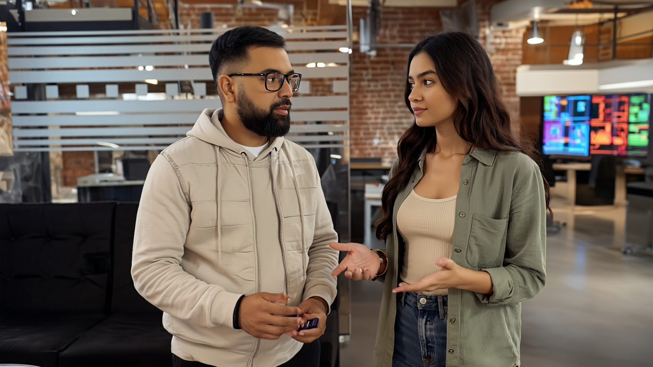 Two UK business professionals collaborating thoughtfully in a modern office environment, illustrating the use of AI to build smarter operations and careers.