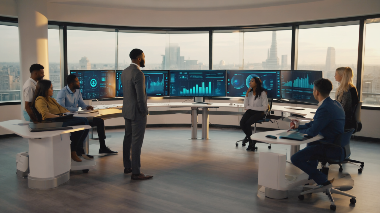 A UK IT support team monitors cyber security threats in a modern office with large screens showing analytics, with Manchester cityscape visible in the background.