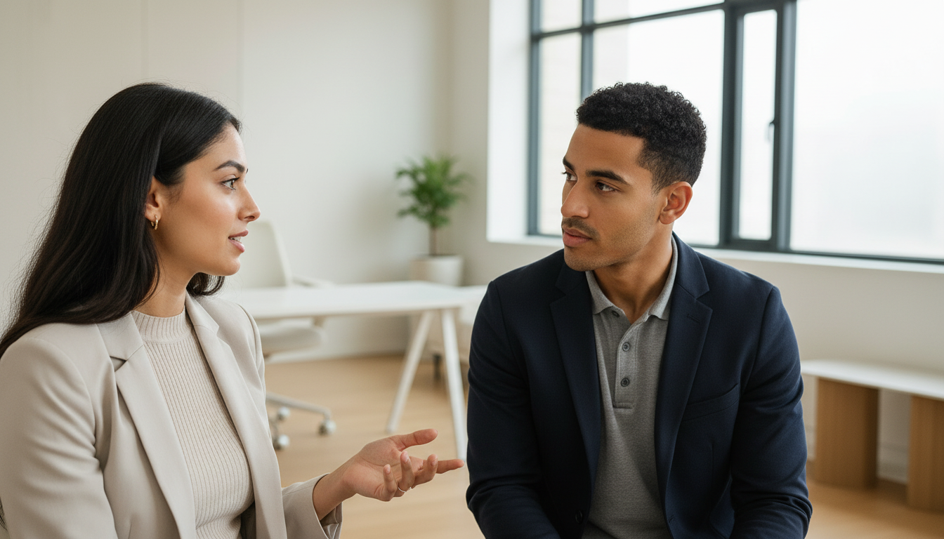 Sara and Zak discussing customer relationship strategy in a UK business setting, mid-conversation.