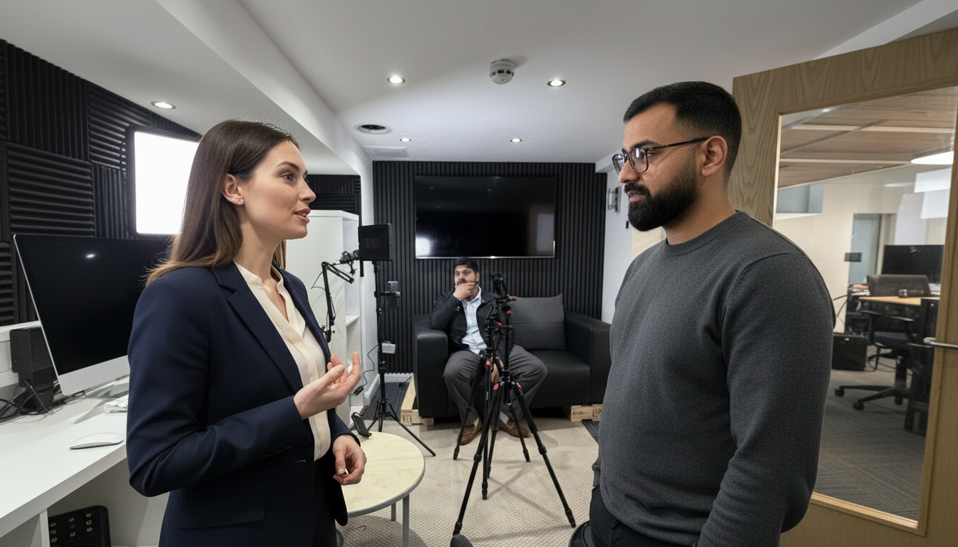Jessica and Omar discussing website strategy inside a UK office.