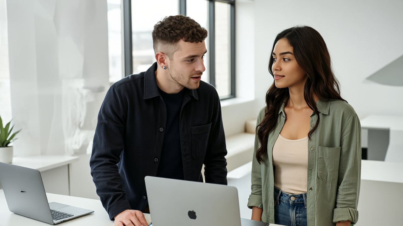 Adam and Sara collaborating on social media strategy in a UK office, showing authentic engagement through their focused expressions and body language.