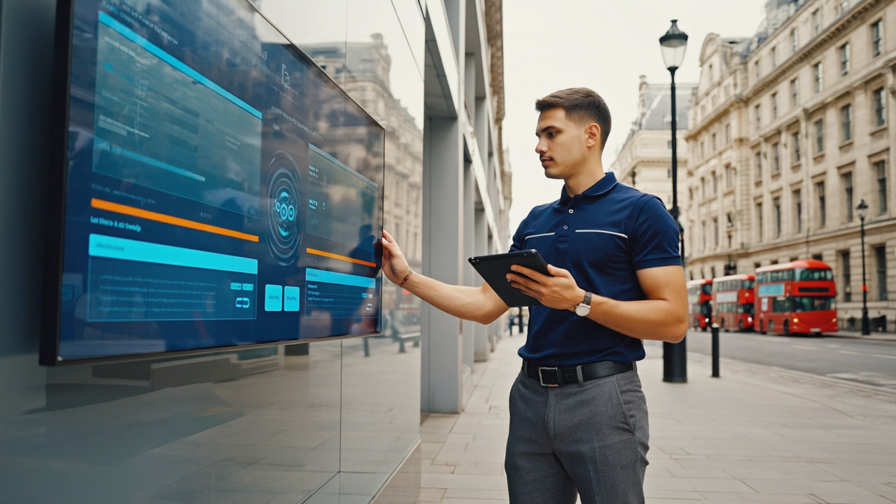 Technician updating an outdoor digital signage screen in a UK city street with a tablet showing content management software, symbolising effective maintenance and modern tech.