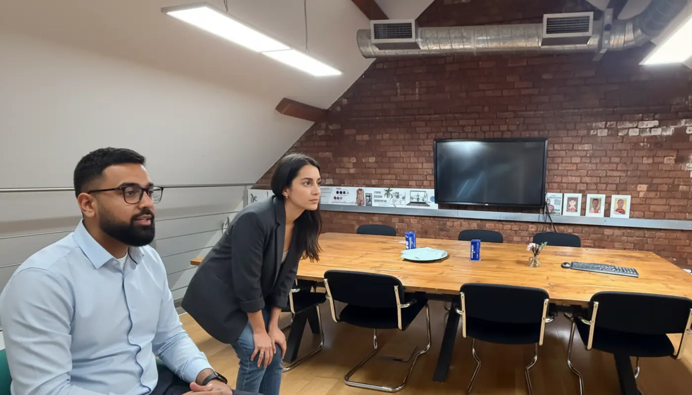 Omar and Sara discussing PPC landing page optimisation in a UK business office.