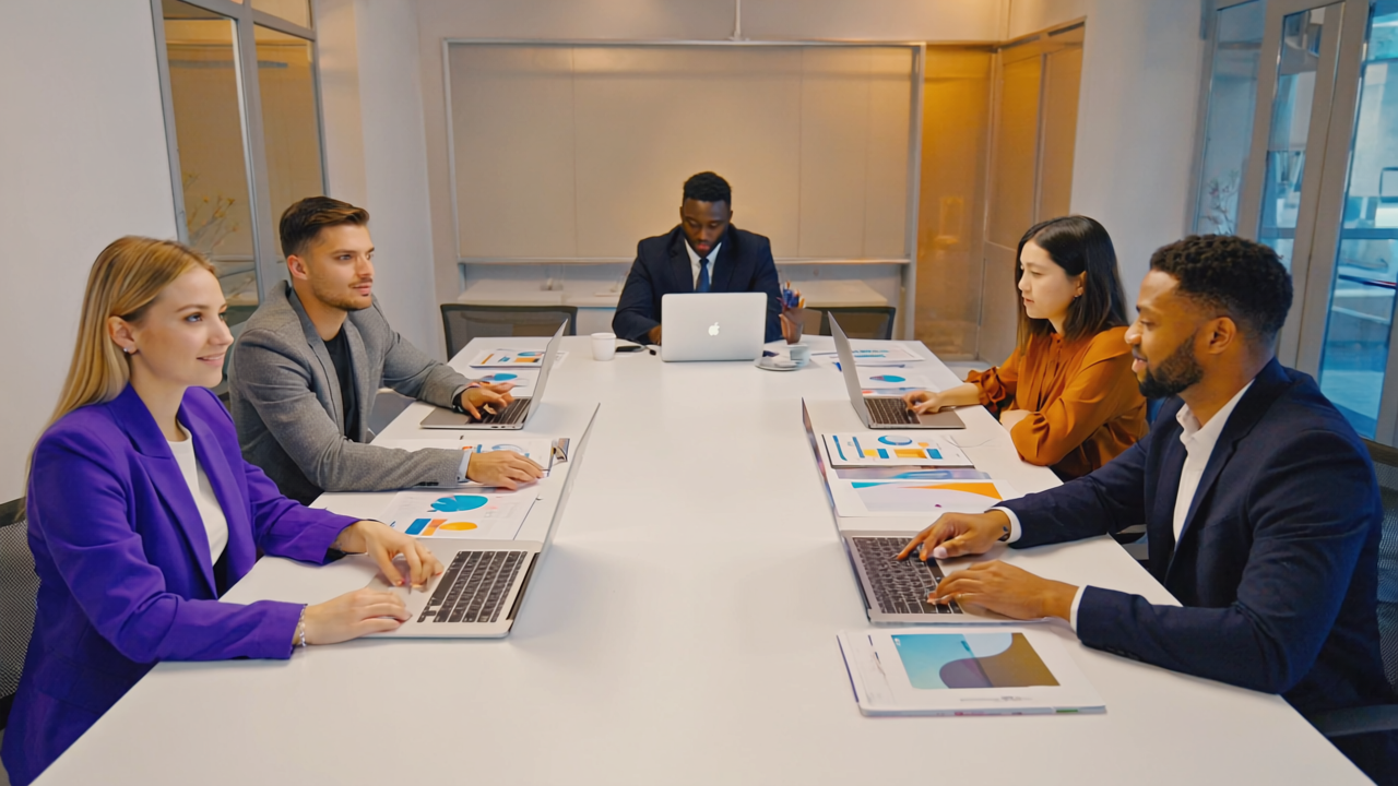 Diverse UK business team collaboratively discussing branding strategy in a modern office with laptops and documents, representing thoughtful rebranding efforts.