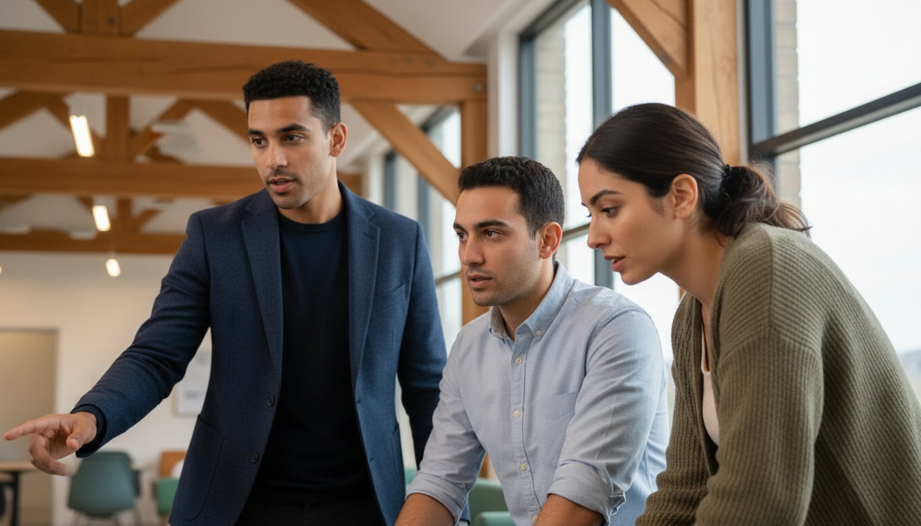 IT support professionals collaborating inside a UK business environment while discussing staffing and support needs.
