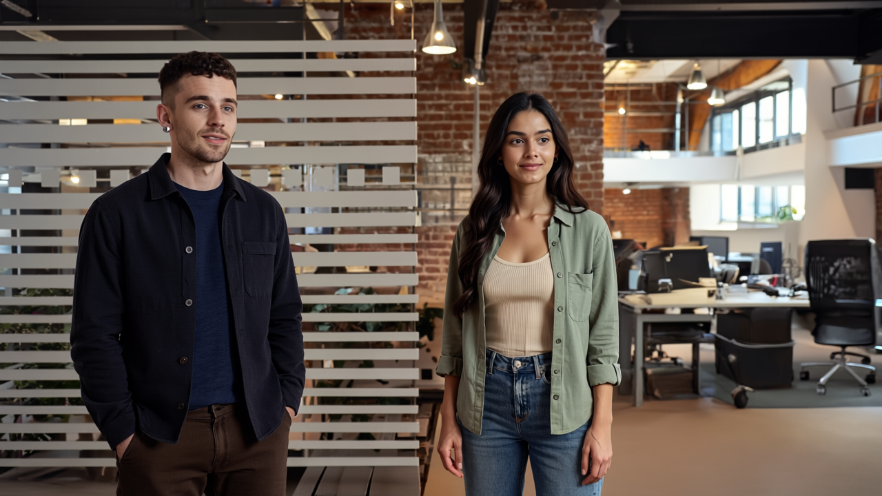 Adam and Sara in a UK office setting having a thoughtful business conversation implying the importance of CRM systems for business growth.