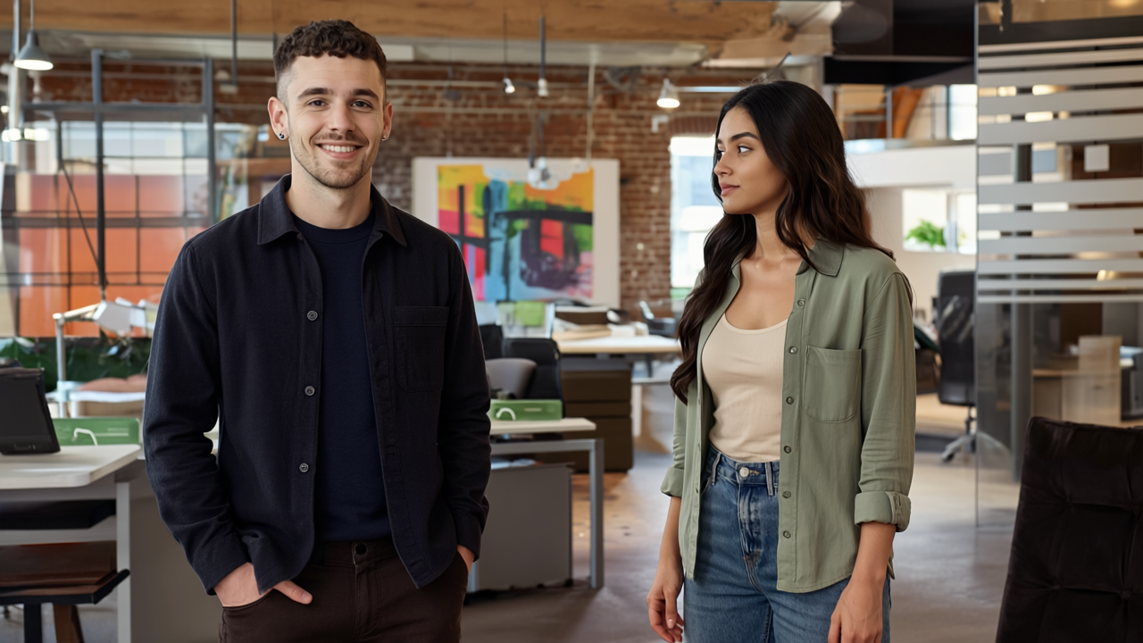 Adam and Sara in a UK office discussing brand identity, showing natural engagement and professional casual attire.