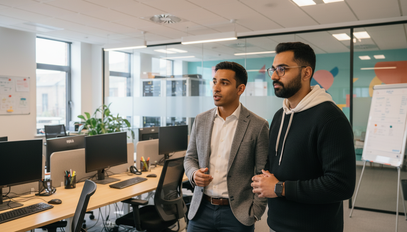 Zak and Omar discussing Microsoft 365 administration issues during an active IT support review in a UK office.