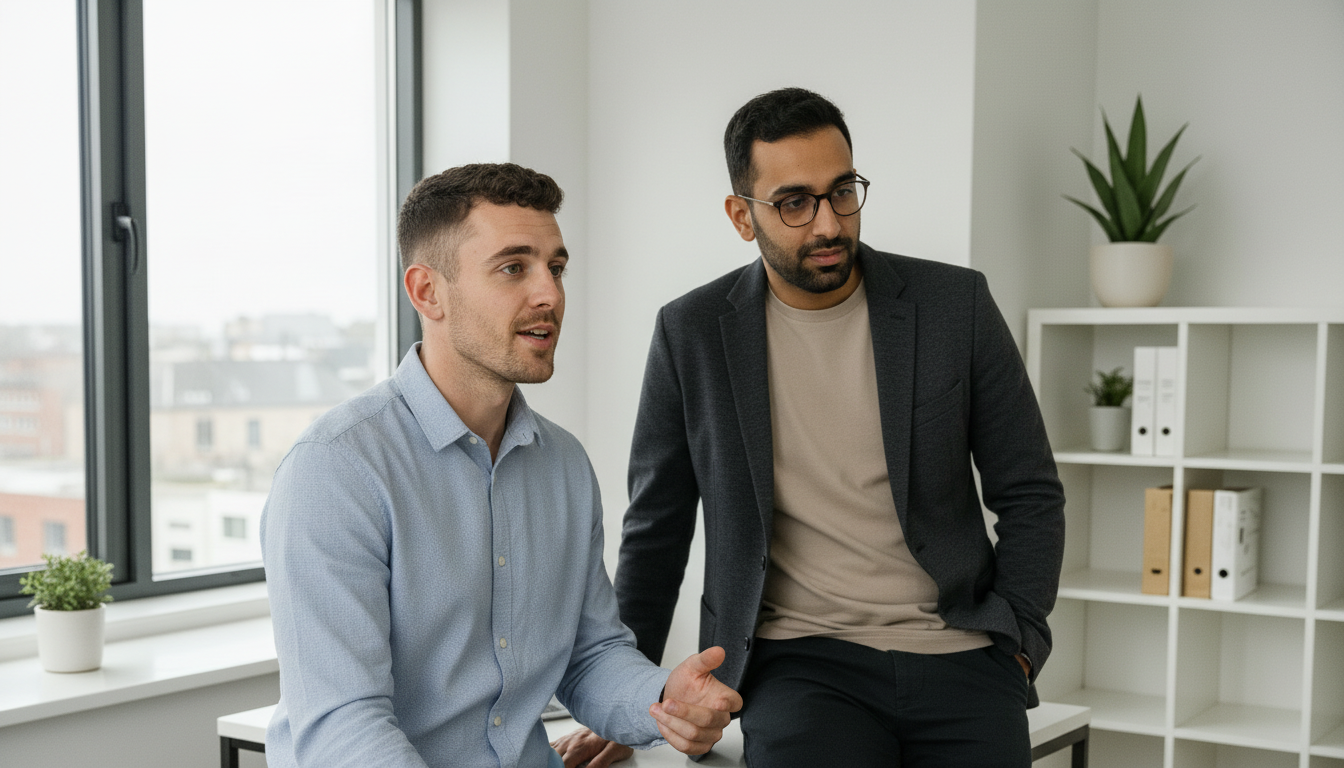 Two UK IT professionals discussing Microsoft 365 admin decisions during a real client consultation in an office.