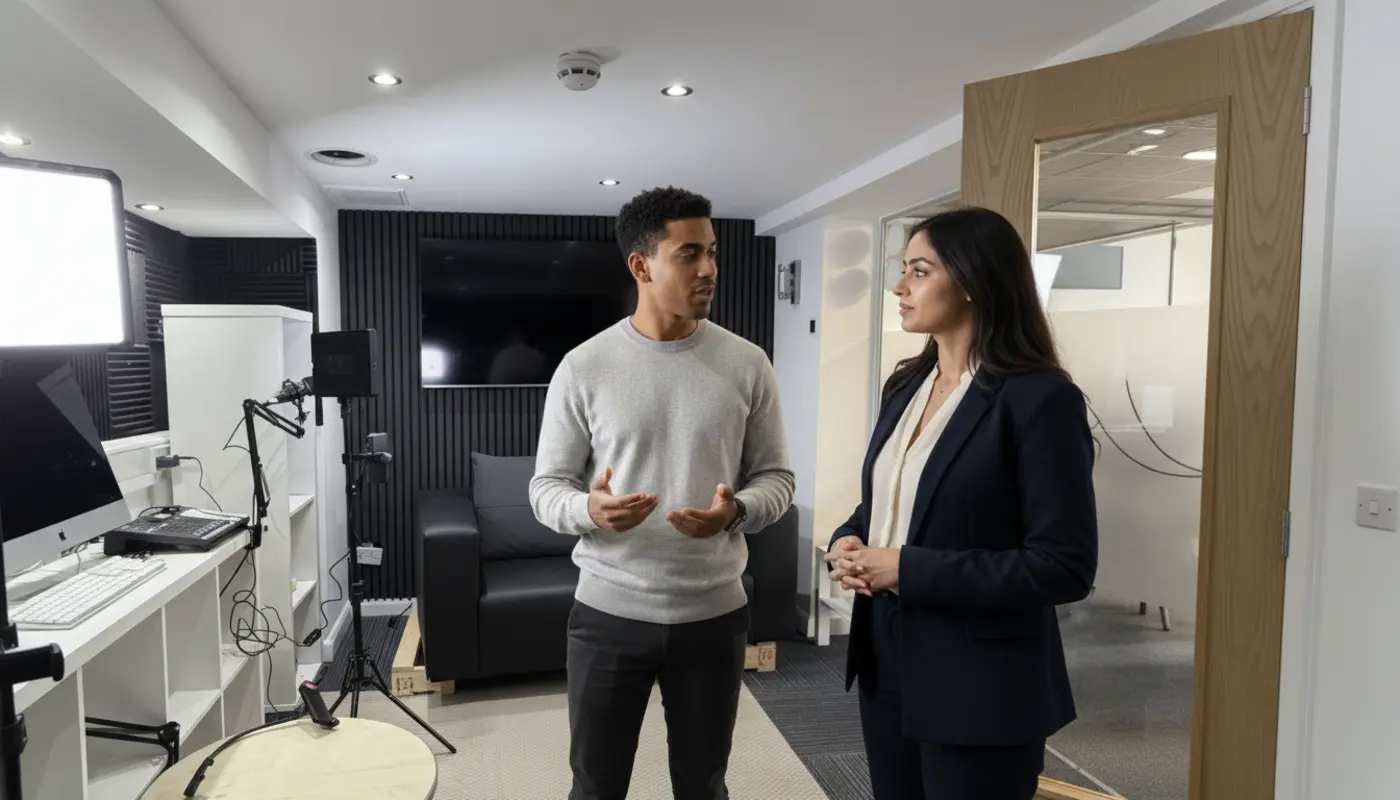 Zak and Sara discussing IT support needs inside a UK office, mid-collaboration.