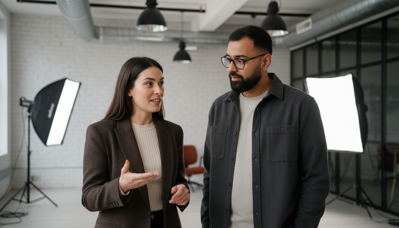 Jessica and Omar collaborating in a UK social media studio, discussing short-form content strategy in a candid working moment.