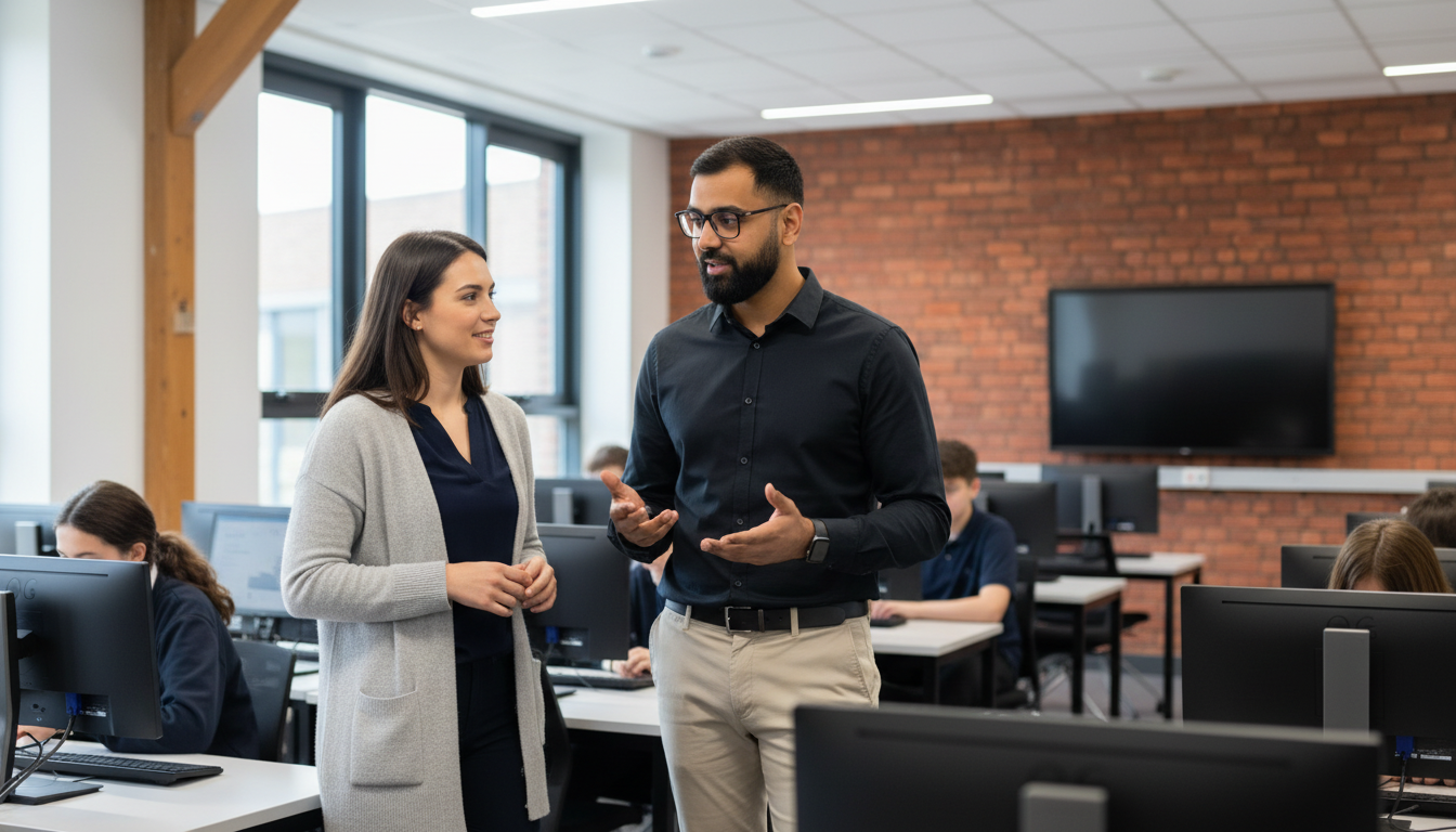 Omer and Jessica discussing IT support inside a UK school ICT classroom.