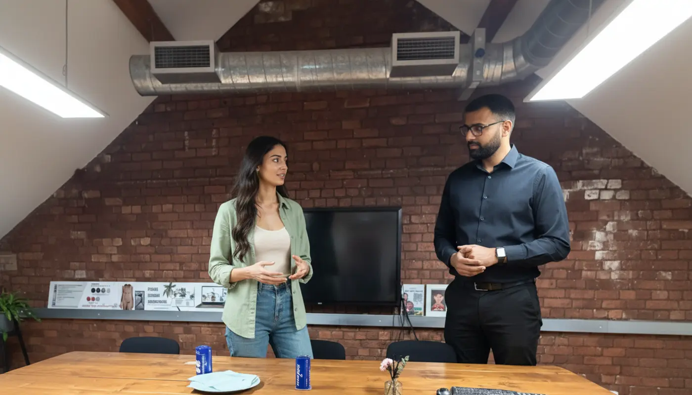 Sara and Omar discussing branding ideas inside a UK design office, mid-discussion.