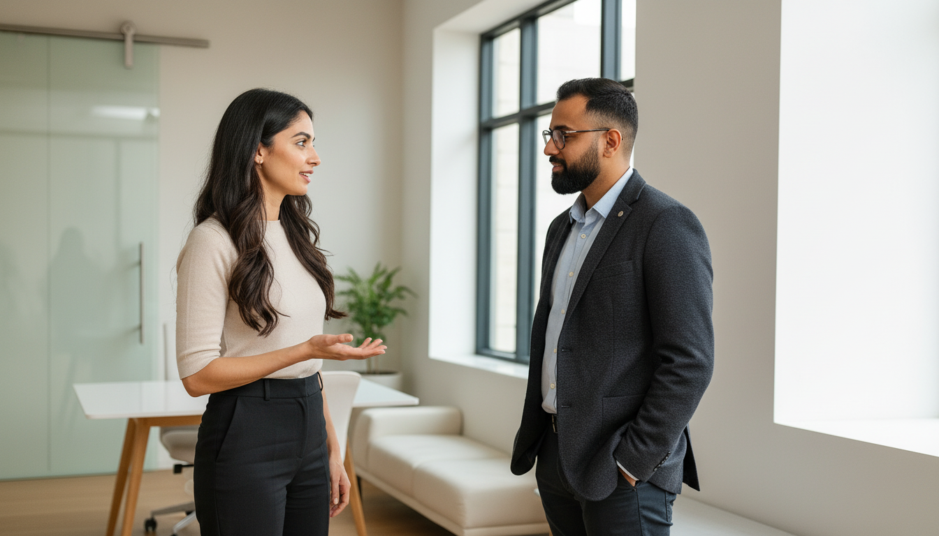 Sara and Omar collaborating in a UK office, discussing reliable business Wi‑Fi during an active working conversation.