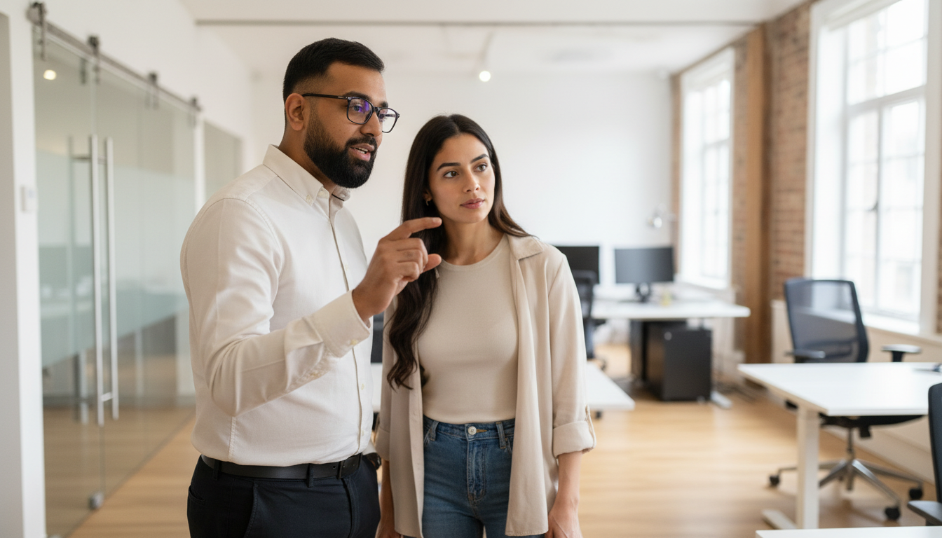 Two UK digital marketing professionals discussing SEO strategy inside a modern office during an active collaboration.