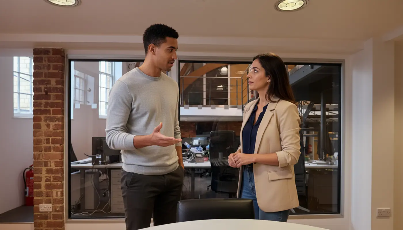 Zak and Sara discussing Shopify strategy inside a UK office, natural candid collaboration.